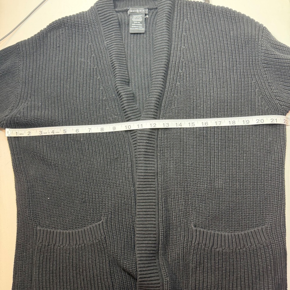MAX & MIA Black Ribbed Knit Cardigan Open Front Pockets XL 100% Cotton Office - Picture 6 of 7